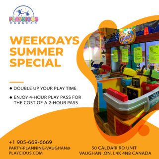 Weekday Summer Specials (May–August)
Enjoy 4-hour play pass for the cost of a 2-hour pass.
Playtime should be doubled from Monday through Friday.

For more details give us a call on
(𝟗𝟎𝟓) 𝟔𝟔𝟗 𝟗𝟗𝟗𝟔
Or visit:
party-planning-vaughan@playcious.com
50 Caldari Rd, Unit A Vaughan

#playcious #vaughan #timetoplay #sanitize #party #club #celebration #summerplay #summer #sensoryplay #learningthroughplay #summerparty #summer #party #summervibes #summertime #poolparty #partytime #summeroutfit #birthday #dise #music #partyideas #onlineshopping #onlineboutique #summerfun #fashion #partyplanner #love #dj #gardenparty