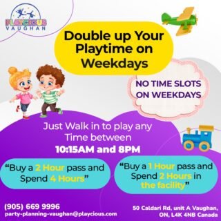 No Time Slots on Weekdays. 
"Just walk in to play any time between 10:15AM and 8PM"

Double up your play time on Weekdays. - 
Buy a 2 hour pass and spend 4 hours
Buy a 1 hour pass and spend 2 hours in the facility

For more details give us a call on
(905) 669 9996
Or visit:
party-planning-vaughan@playcious.com
50 Caldari Rd, Unit A Vaughan

#playcious #vaughan #timetoplay #sanitize #club #celebration #birthdayparty #birthday #party #dance #birthday #instagood
#partytime #partydecorations #kidsparties #kidsroom #kidspartymalaysia #kidsbirthdayparty #happybirthday #partyinspiration #kidsdress #fun #birthdaypartydress #babydeco #birthdaypartydecokl