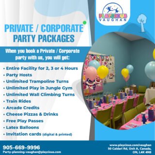 Private / Corporate Party Packages
When you book a Private / Corporate party with us, you will get:
• Entire Facility for 2, 3 or 4 Hours
• Party Hosts
• Unlimited Trampoline Turns
• Unlimited Play in Jungle Gym
• Unlimited Wall Climbing Turns
• Train Rides
• Arcade Credits
• Cheese Pizzas & Drinks
• Free Play Passes
• Latex Balloons
• Invitation cards (digital & printed)

For detail, contact us at:
+1 905-669-9996
Party-planning-vaughan@playcious.com
www.playcious.com/vaughan
50 Caldari Rd, Unit A, Canada, ON, L4K 4N8

#playcious #vaughan #timetoplay #sanitize #club #celebration #birthdayparty #birthday
#friends #partydecorations #instagood #like #thbirthday #photobooth #birthdaycelebration #balloongarland #balloondecor #decor #kids #eventplanning #desserttable #eventdecor