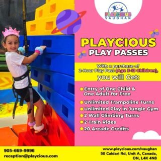 With a purchase of 2-Hour Play Pass (Age 3-13 children),
you will get:
• Entry of One Child & One Adult for Free
• Unlimited Trampoline Turns
• Unlimited Play in Jungle Gym
• 2 Wall Climbing Turns
• 2 Train Rides
• 20 Arcade Credits

For detail, contact us at:
+1 905-669-9996
reception@playcious.com
www.playcious.com/vaughan
50 Caldari Rd, Unit A, Canada, ON, L4K 4N8

#playcious #vaughan #timetoplay #sanitize #club #celebration #birthdayparty #birthday #party #dance #birthday #instagood #partydecoration #partyplanner #birthdaydecoration #partyplanning #eventplanner #babyshower #balloons #decoration #partyinspiration #partytime #bridalshower #partysupplies #eventdecor #decor #dekorasiulangtahun #balloongarland