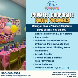 Private / Corporate Party Packages
When you book a Private / Corporate party with us, you will get:
• Entire Facility for 2, 3 or 4 Hours
• Party Hosts
• Unlimited Trampoline Turns
• Unlimited Play in Jungle Gym
• Unlimited Wall Climbing Turns
• Train Rides
• Arcade Credits
• Cheese Pizzas & Drinks
• Free Play Passes
• Latex Balloons
• Invitation cards (digital & printed)

For detail, contact us at:
+1 905-669-9996
Party-planning-vaughan@playcious.com
www.playcious.com/vaughan
50 Caldari Rd, Unit A, Canada, ON, L4K 4N8

#playcious #vaughan #timetoplay #sanitize #club #celebration #birthdayparty #birthday #party #friends #partydecorations #instagood #kidsgymnasticsclasses #mygymclasses #parentwin #littleathlete #kidshealth #minime #mommyandmeclasses #indoorplayground #clockinandplay #mygymsmiles #birthdaygirl #cutekids #mommyandmeclass #birthdayideas