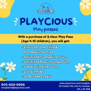 With a purchase of 2-Hour Play Pass (Age 3-13 children),
you will get:
• Entry of One Child & One Adult for Free
• Unlimited Trampoline Turns
• Unlimited Play in Jungle Gym
• 2 Wall Climbing Turns
• 2 Train Rides
• 20 Arcade Credits

For detail, contact us at:
+1 905-669-9996
reception@playcious.com
www.playcious.com/vaughan
50 Caldari Rd, Unit A, Canada, ON, L4K 4N8

#playcious #vaughan #timetoplay #sanitize #club #celebration #birthdayparty #birthday
#eventplanner #partydecor #festainfantil
#playland #playground #happy #children #holiday #chipmunksplaylandandcafe #chipmunksindonesia #loveit #chipmunks #magicalplayland #allyoucanplay #thepartyexpert #alvinandthechipmunks