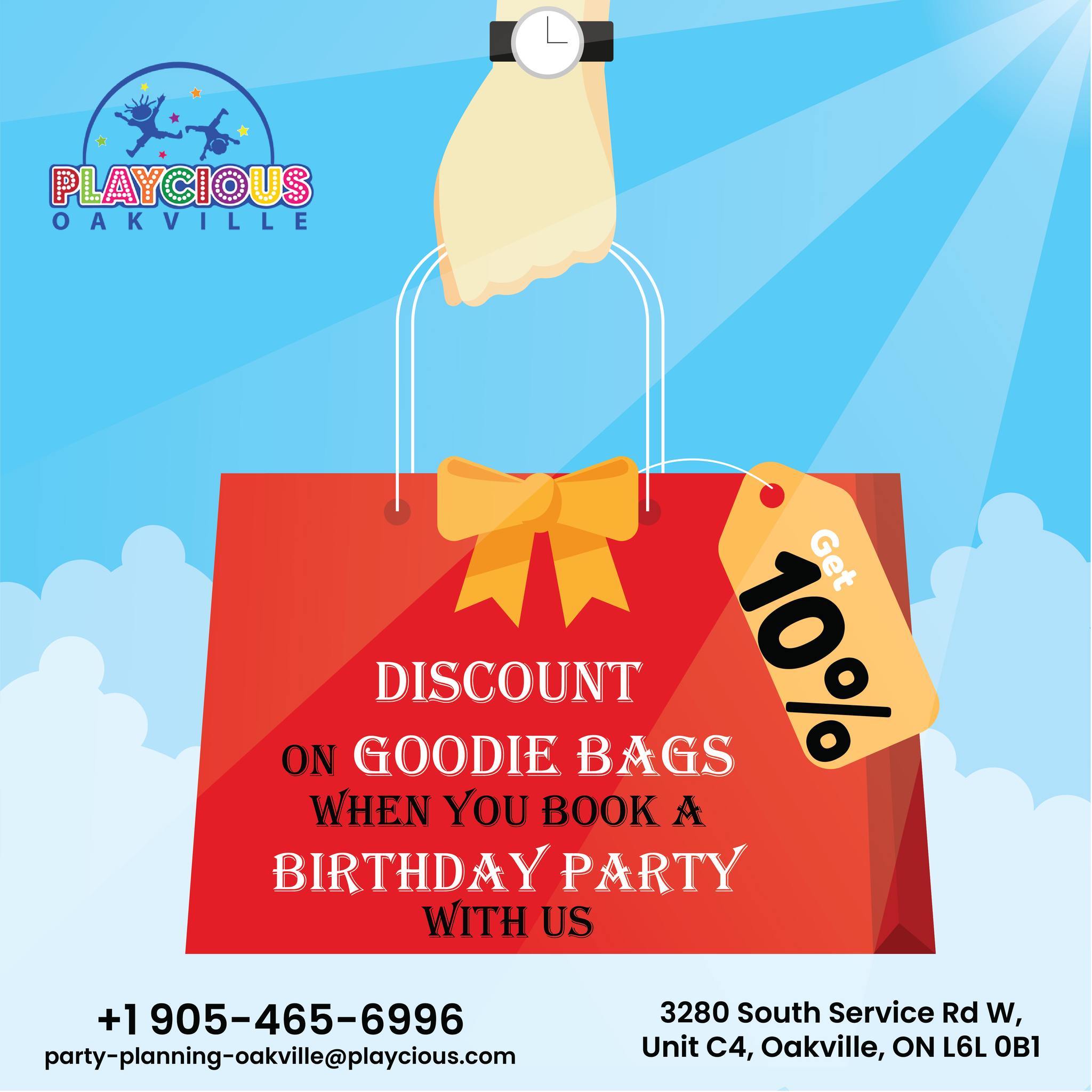 Get 𝟭𝟬% 𝗱𝗶𝘀𝗰𝗼𝘂𝗻𝘁 on 𝗚𝗼𝗼𝗱𝗶𝗲 𝗕𝗮𝗴 when you book a 𝗕𝗶𝗿𝘁𝗵𝗱𝗮𝘆 𝗣𝗮𝗿𝘁𝘆 with US.
Hurry up and avail this offer.
For further detail call (905) 465 6996
Or visit: party-planning-oakville@playcious.com
3280 South Service Rd w, Unit C4, Oakville
#playcious #oakville #timetoplay #sanitize #marchcamp #party #bdaycelebration
#partycurators #partycelebrations #houseparty #eventsathome #littlecelebration #goodiebag #discounts #offers #discountoffer #discount #discounts #sale #discountshopping #discountsale #discountcode #discounted
