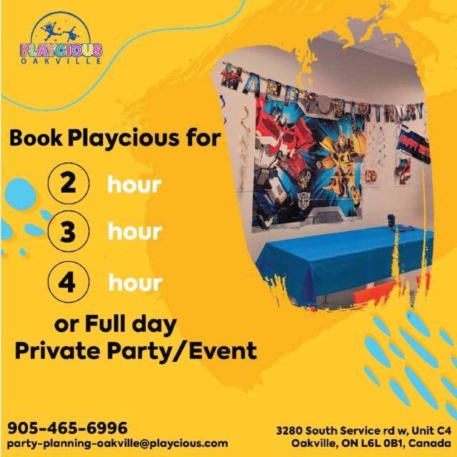 Book Playcious for 2-hour, 3-hour, 4-hour or Full Day Private party/event.

For further detail get in touch through
CALL (905) 465 6996
Or visit:
party-planning-oakville@playcious.com
3280 South Service Rd w, Unit C4, Oakville

#playcious #oakville #timetoplay #sanitize #marchcamp #party #birthdayparty #birthday #party #babyshower #partyplanner
#kidparties #kidsparty #birthdayparty #kidspartyplanner #kidsbirthday #partytime #partydecorations #kidsparties #kidsroom