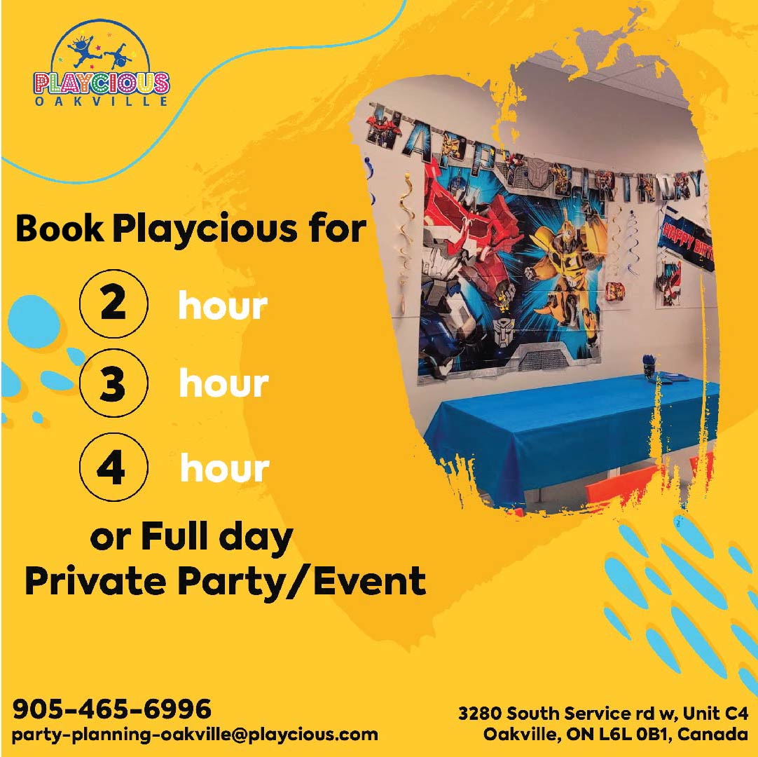 Book Playcious for 2-hour, 3-hour, 4-hour or Full Day Private party/event.

For further detail get in touch through
CALL (905) 465 6996
Or visit:
party-planning-oakville@playcious.com
3280 South Service Rd w, Unit C4, Oakville

#playcious #oakville #timetoplay #sanitize #marchcamp #party #birthdayparty #birthday #party #babyshower #partyplanner
#kidparties #kidsparty #birthdayparty #kidspartyplanner #kidsbirthday #partytime #partydecorations #kidsparties #kidsroom