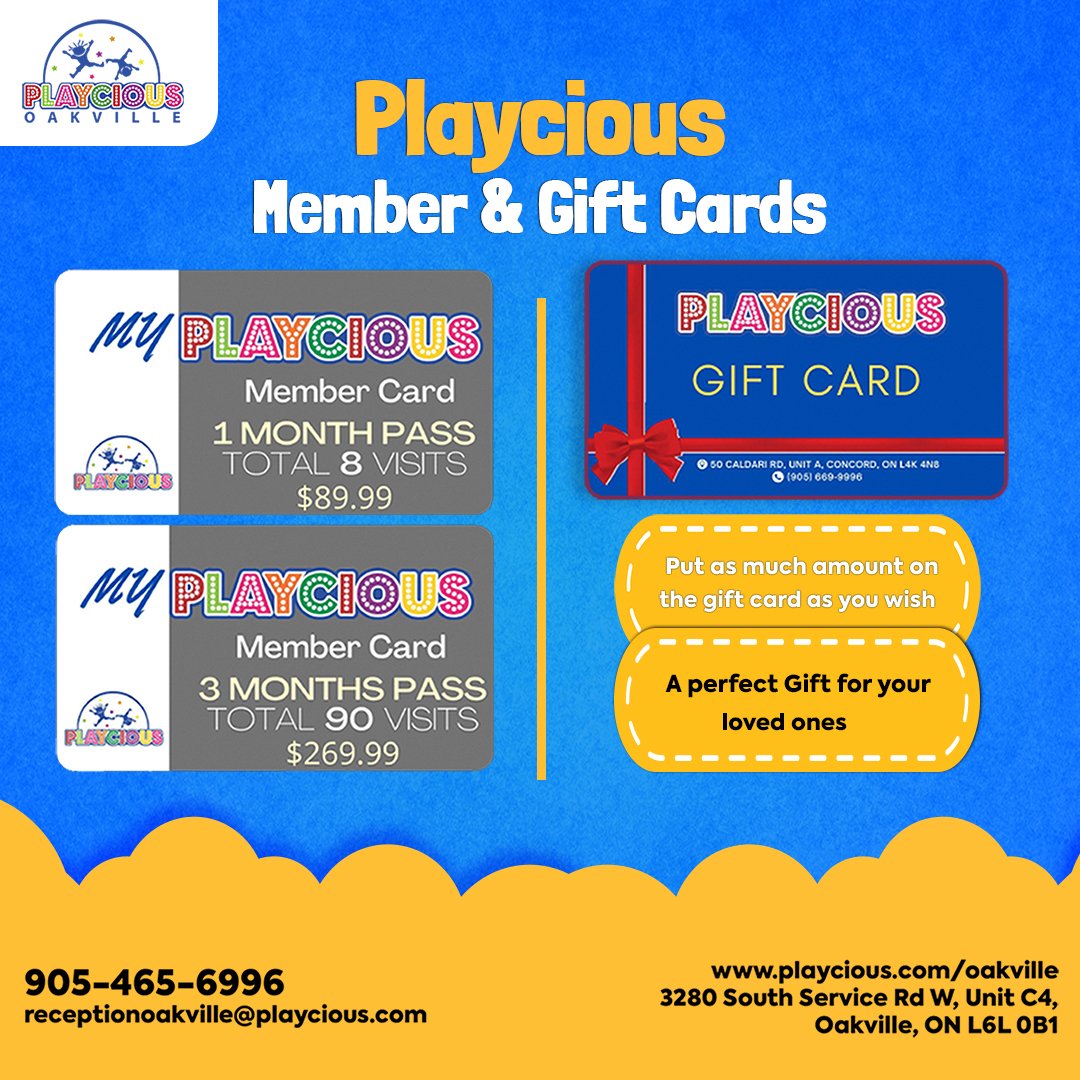 Membership & Gift Cards
Membership Cards:
• One Month Pass: 8 visits
for the price of 5 visits
• Three Month Pass: 90
visits ($3 per visit per day)
Gift Cards:
• A perfect gift for your
loved ones
• Put as much amount on
the gift card as you wish

For detail, contact us at:
+1 905-465-6996
receptionoakville@playcious.com
www.playcious.com/oakville
3280 South Service Rd W, Unit C4, Oakville, ON L6L 0B1

#playcious #oakville #timetoplay #sanitize #marchcamp #party #birthdayparty #birthday #kidspartyplanner #kidsbirthday #partytime #friends #partydecorations #instagood #like #thbirthday #photobooth #birthdaycelebration #balloongarland #balloondecor #decor #kids #eventplanning #desserttable #eventdecor #ulangtahun #photooftheday