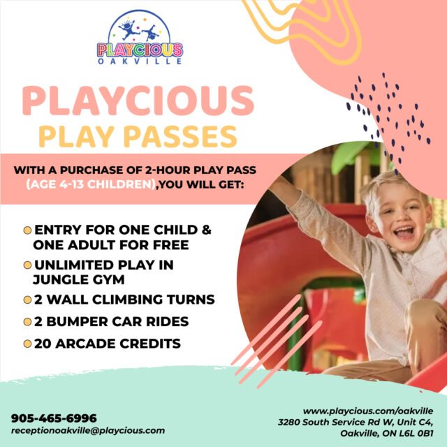 Playcious Play Passes offer a bundle of excitement! When you purchase a 2-Hour Play Pass for children aged 4-13, you'll receive:

Free entry for one child and one adult
Unlimited play in the Jungle Gym
2 turns on the Wall Climbing activity
2 rides on the Bumper Cars
20 Arcade Credits to enjoy even more fun!

For detail, contact us at:
+1 905-465-6996
receptionoakville@playcious.com
www.playcious.com/oakville
3280 South Service Rd W, Unit C4, Oakville, ON L6L 0B1

#playcious #oakville #timetoplay #sanitize #marchcamp #party #learntodrive
#partycelebration #birthday #party #music #anniversarybdaydecor #anniversaryflower #dekorasianniversary #yearsanniversary #coorporateeventplanner #decorationstlye #dekorationbirthday #weddingdecor #coorporatedesign #vittori #eventplanning #happybirthday #tablesetting #partydesign #backdrop #tabledecor #weddingdecoration #sweet