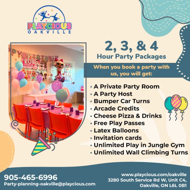 2-, 3-, & 4-Hour Party Packages
When you book a party with us, you will get:
• A Private Party Room
• A Party Host
• Unlimited Play in Jungle Gym
• Unlimited Wall Climbing Turns
• Bumper Car Turns
• Arcade Credits
• Cheese Pizza & Drinks
• Free Play Passes
• Latex Balloons
• Invitation cards

For detail, contact us at:
+1 905-465-6996
Party-planning-oakville@playcious.com
www.playcious.com/oakville
3280 South Service Rd W, Unit C4, Oakville, ON L6L 0B1

#playcious #oakville #timetoplay #sanitize #marchcamp #party #birthdayparty
#happybirthday #celebration #fiesta #djlife #kids #eventplanner #partydecor #festainfantil #kidsfashion #balloons #events #kidspartyplanner #kidsbirthday #partytime #partydecorations #kidsparties #kidsroom #kidspartymalaysia #kidsbirthdayparty