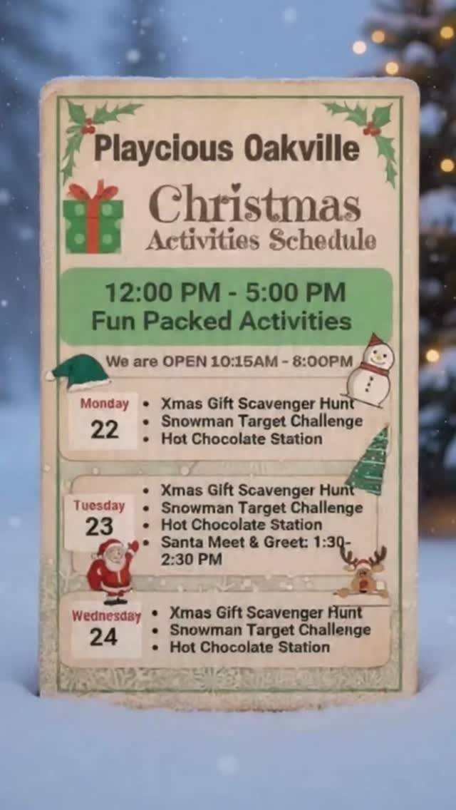 Playcious Oakville invites you for some Holiday fun ❄️ 

Contact us at:
📞 9054656996
📧 receptionoakville@playcious.com
📍 3280 South Service Rd W, Unit C4, Oakville,
ON L6L OB1

•
•
•
•
•
•
#playciousoakville #christmasactivities #christmasfun #winteractivity