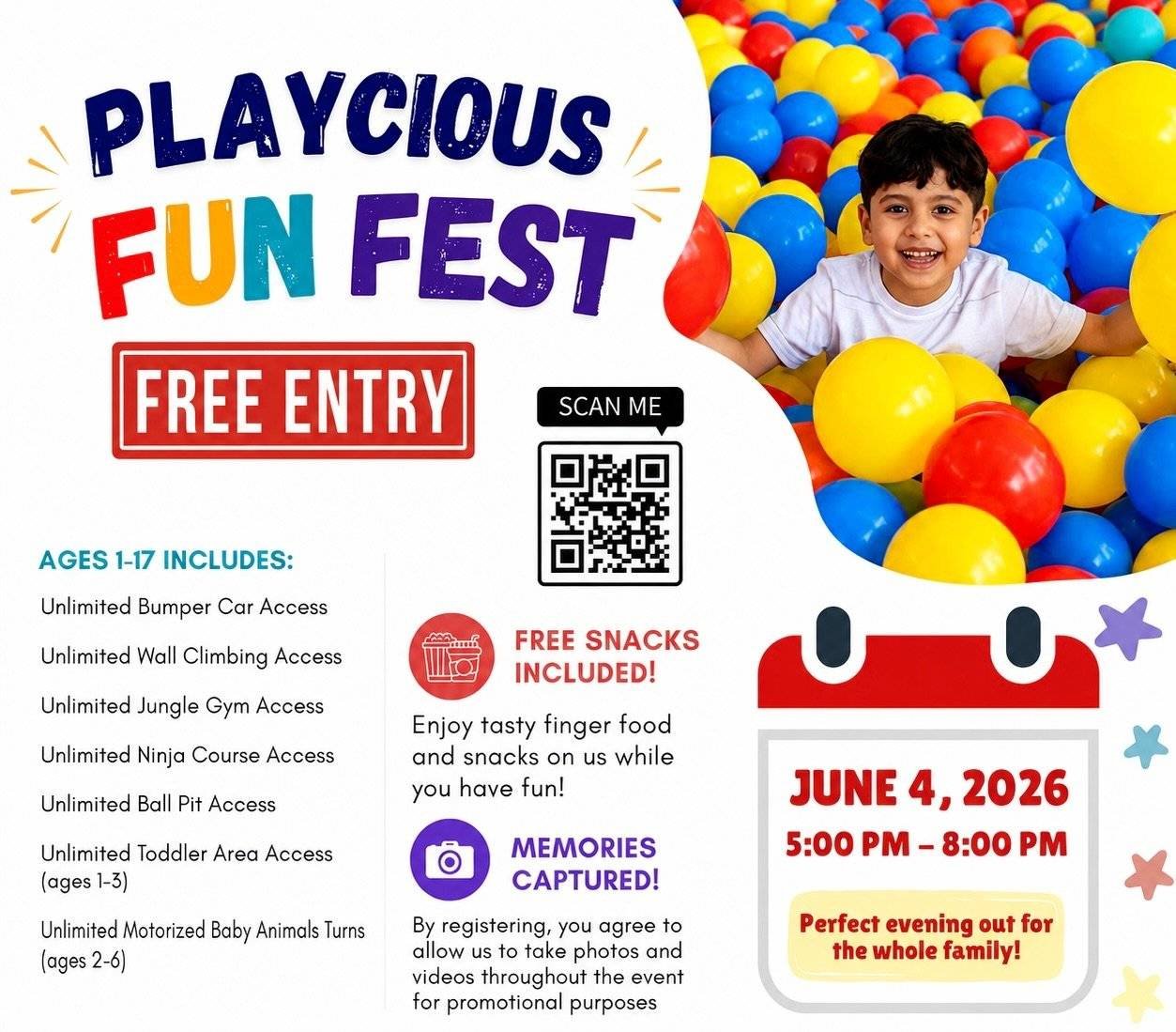 FREE ENTRY + unlimited attractions + snacks! 🥳

Join us for the very first Fun Fest at Playcious Oakville on Thursday, June 4 from 5PM–8PM!

What’s included for kids ages 1–17:
• Unlimited bumper cars
• Unlimited wall climbing
• Unlimited jungle gym access
• Unlimited ninja course
• Unlimited ball pit access
• Toddler area (ages 1–3)
• Motorized baby animal rides (ages 2–6)
• FREE snacks included

By registering, you agree to allow photos and videos to be taken during the event for promotional purposes. 👇🏻

https://form.jotform.com/261456723010044

Contact Us:
 📞905-465-6996
📧 party.oakville@playcious.com
📍 3280 S Service Rd W Unit C4, Oakville,
ON L6L 0B1

#playciousoakville #summer2026 #oakvillemoms #haltonmoms #indoorplayground