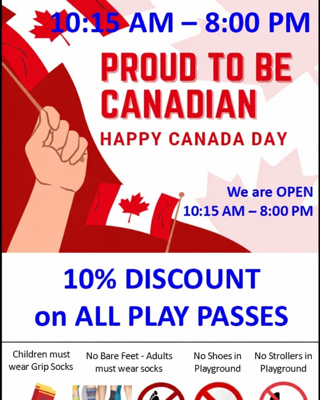🇨🇦 Happy Canada Day from Playcious Mississauga! ❤️🤍
We're celebrating Canada Day with a special treat for all our guests!
🎉 We're OPEN from 10:15 AM – 8:00 PM 🎟️ Enjoy 10% OFF all Play Passes for the day!
Bring the kids for a day full of fun, laughter, and unforgettable memories. Don't forget: 🧦 Children must wear grip socks 🧦 Adults must wear socks 👟 No shoes in the playground 🚫 No strollers in the playground
Come celebrate with us we can't wait to see you!
📍 Playcious Mississauga
#HappyCanadaDay #PlayciousMississauga #CanadaDay #FamilyFun #IndoorPlayground #Mississauga #KidsActivities #PlayTime #CanadaDaySpecial #FamilyEntertainment